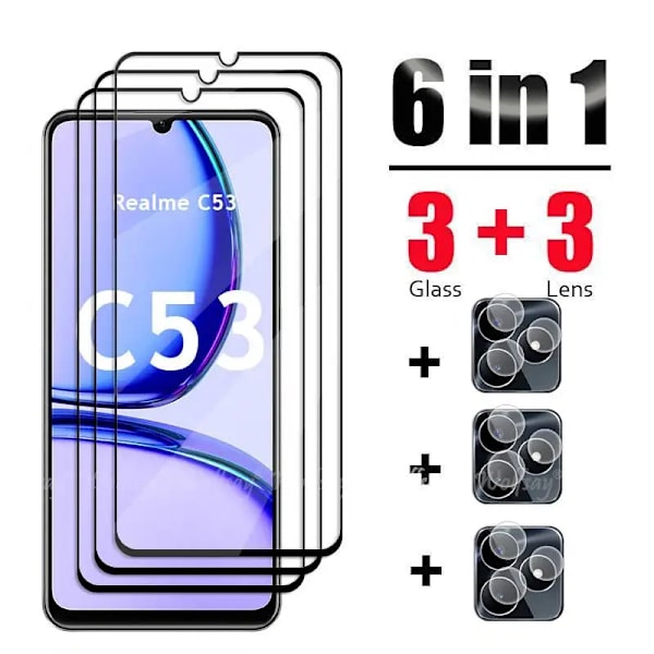 6 i 1 för Realme C53 härdat glas Realme C53 glas full täckning skärmskydd kamerafilm