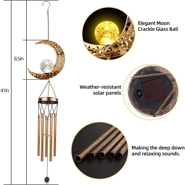 Solvindspill, solvindspill utendørs salg med glødende sprekk glass LED unike vindklokker for utendørs vanntette klokkespill, gaver til henne/ham Moon