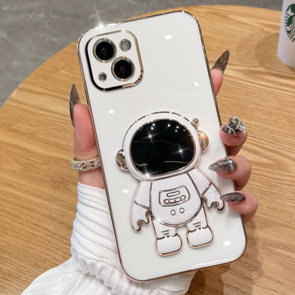 6D Elektroplettet Astronaut Skjult Stativ Etui til iPhone Kvinner Astronaut Folding Stativ iPhone Etui med Kamera Beskytter Myk TPU Støtsikker Bumper White iPhone7