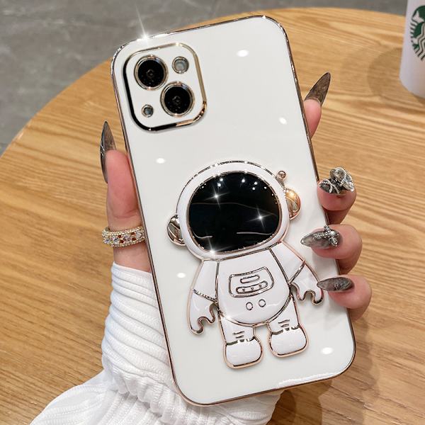 6D galvanoitu astronautti piilotettu jalustakotelo iPhonelle Naisastronautti taittuva jalusta iPhone-kotelo kamerasuojalla Pehmeä TPU iskunkestävä puskuri White iPhone XS