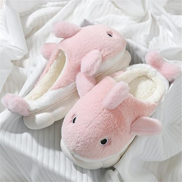 Plush Hemtofflor för Män och Kvinnor, Cartoon Haj Djur Bomulls-tofflor, Vinter Inomhus Varma Tofflor, Mjuka och Bekväma Tjocksulor Pink 36-37