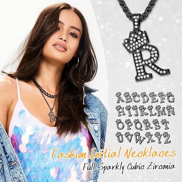 Krone Initial A-Z Halskjede, Iced Out Bokstavanheng med 22-24 Tommers Kjede, Menn Kvinner Bling Hip Hop Alfabet Navn Smykker Gave Store Initialer Halskjeder R Black
