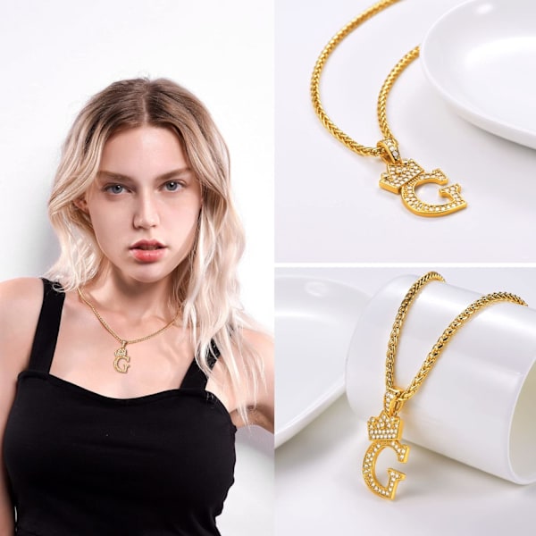 Krone Initial A-Z Halskæde, Iced Out Bogstav Vedhæng med 22-24 Tommer Kæde, Mænd Kvinder Bling Hip Hop Alfabet Navn Smykker Gave Store Initialer Halskæder G 18K Gold