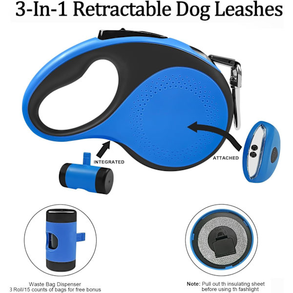 Inntrekkbar hundekobbel med avfallsposebeholder og lommelykt, 16 fot hundekobbel for små mellomstore hunder opptil 66 pund, en knappbryter og lås, 360° floke F 16ft blue Large