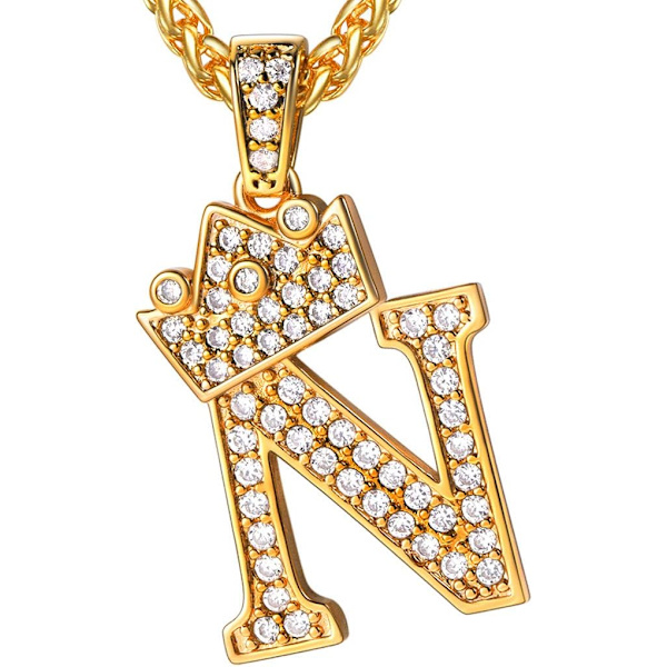 Krone Initial A-Z Halskæde, Iced Out Bogstav Vedhæng med 22-24 Tommer Kæde, Mænd Kvinder Bling Hip Hop Alfabet Navn Smykker Gave Store Initialer Halskæder N 18K Gold