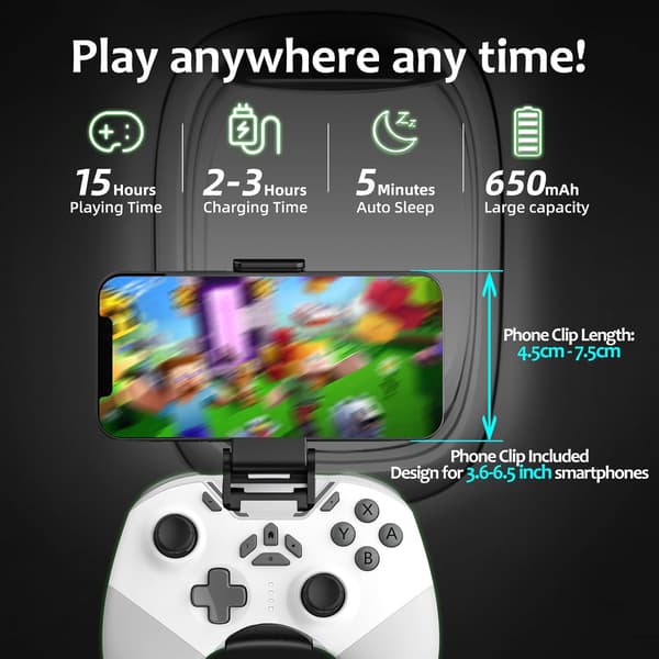 Bluetooth-controller til Switch/PC/iPhone/Android/Apple Arcade MFi-spil/TV/Steam, Pro trådløs spilcontroller fjernbetjening gamepad med telefonklip med L White