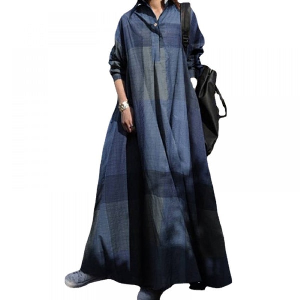 Klänning Festklänning Långärmad klänning med slagknapp (Blå XL)
