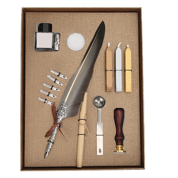 Fjäderpenna Set Mjuk Skrivande Retro Design Snidning Utseende Kalligrafi Penna Kit för Skrivning PresentSFDPS038031 Spetsig Grå Fjäder