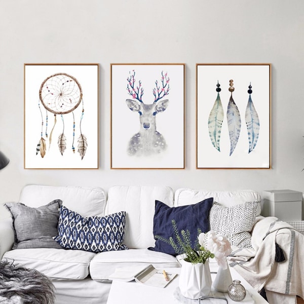 Feather and Deer Wall Art Canvas Print Poster, Simple Fashion Watercolor Art Dra