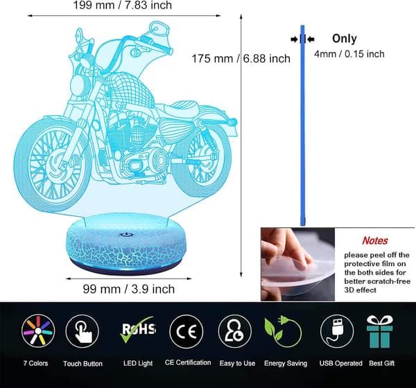 Motorcykel Natlampe 3D Illusion Lampe USB Genopladelig LED