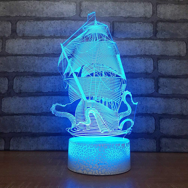 Nattlampa Segelbåt Färgglad Färgglad Bordslampa 3D-lampa Vit B