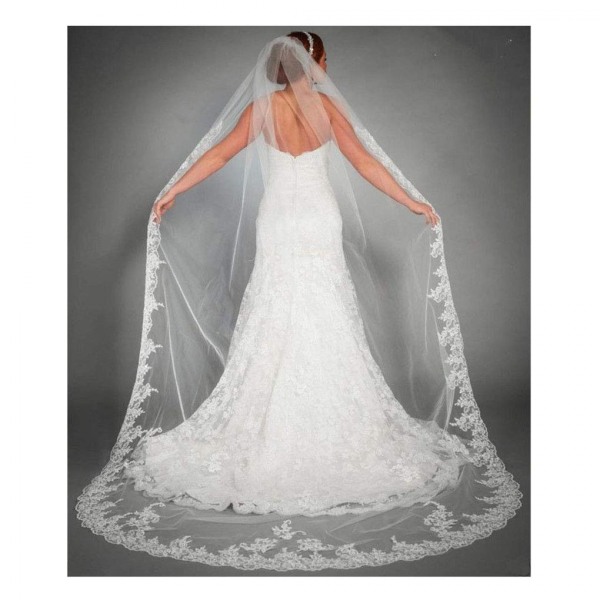 Ursumy Gorgeous Wedding Lace Veil Floral Long Cathedral Veils for Brides Soft Tulle Bridal Veils with Comb  (Pure White)