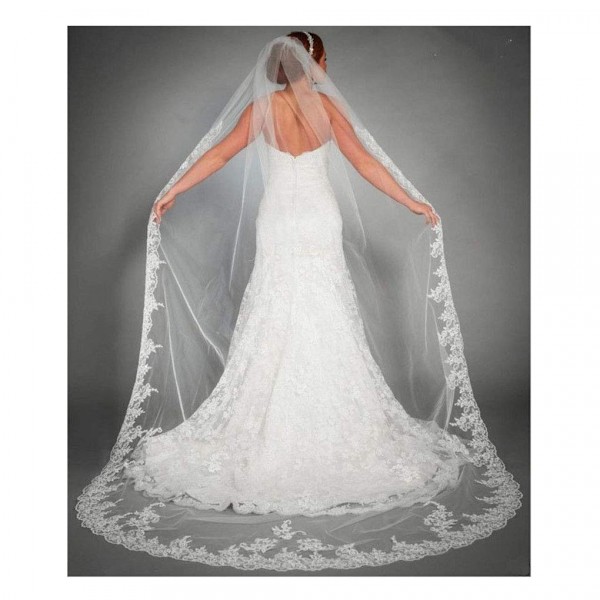 Ursumy Nydelig Bryllup Blonder Slør Blomster Lang Katedral Slør for Bruder Myk Tyll Brudeslør med Kam (Off White)