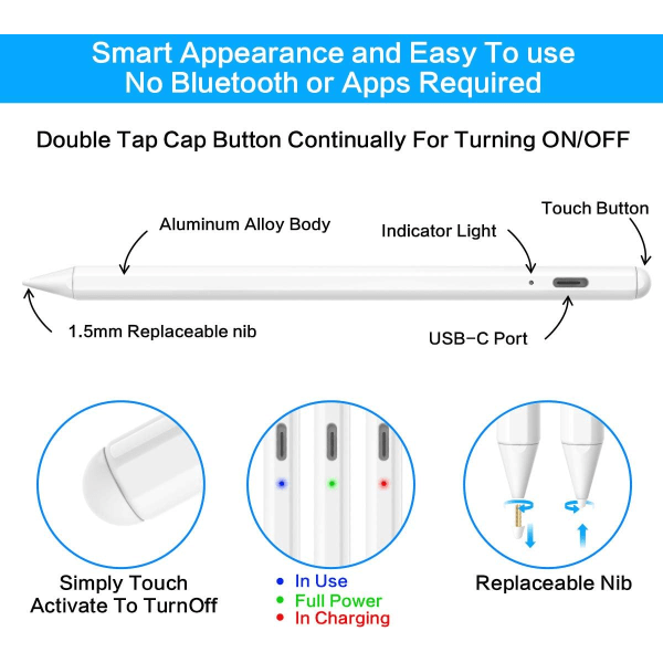 Stylus-kynä Apple iPad -kynälle - Aktiivinen kynä, jossa kämmenen hylkiminen, yhteensopiva 2018-2020 Apple iPad 9. sukupolven 8. 7. 6. sukupolven iPad Air 4. 3. sukupolven kanssa