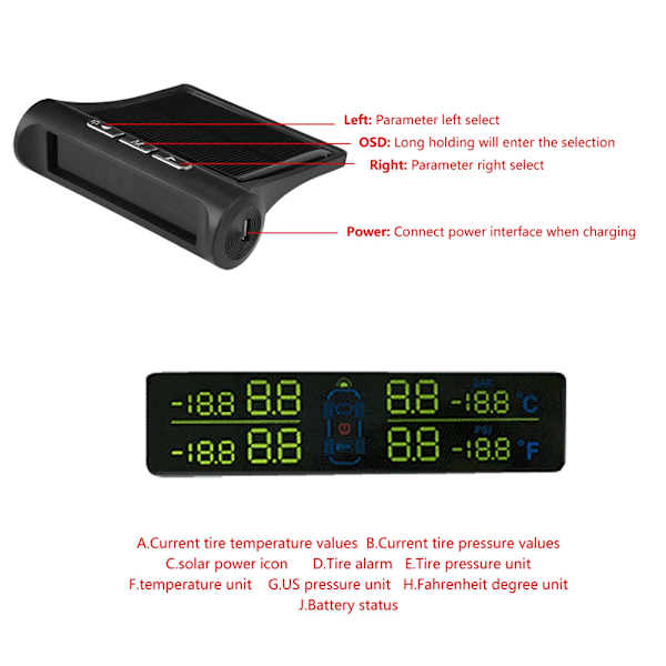 Bil TPMS Dekktrykksovervåkingssystem Dekktrykk Intern Sensor Solenergi Lading