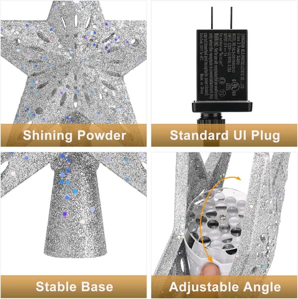 3D Glitter Juletræsstjerne Top - 6 LED Roterende Projicerede Mønstre, Belyst Julepynt og Gave til Fester Silver