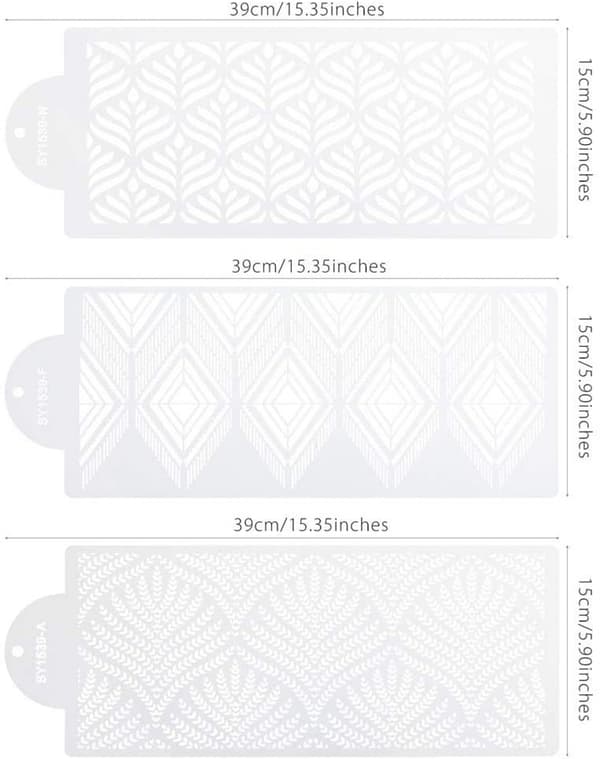 3 stk. kakedekorasjonsstenciler, form plastmaler, spray