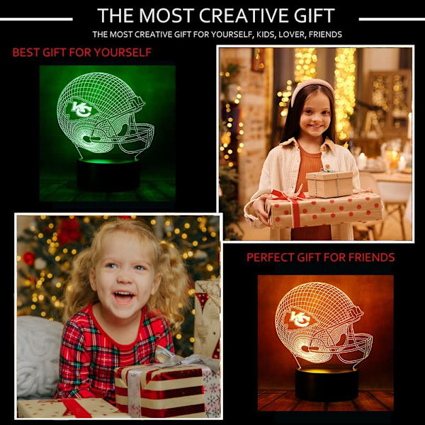 Tegneserie Chiefs Fodboldhjelm Anime Figur 3D Optisk Illusion LED Soveværelses Dekoration Sove Natlys med Fjernbetjening 7 Farver Bordlampe Fødselsdagsgaver fo