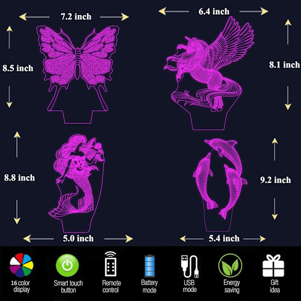 Sjöjungfru Enhörning Delfin Fjäril Bästa Leksakspresenter 3D Enhörning