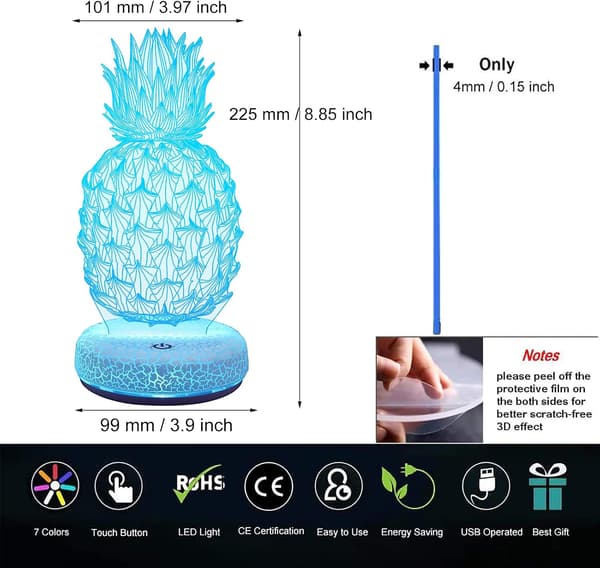 Ananas Natlampe 3D Illusion Lampe 16 Farveskiftende USB