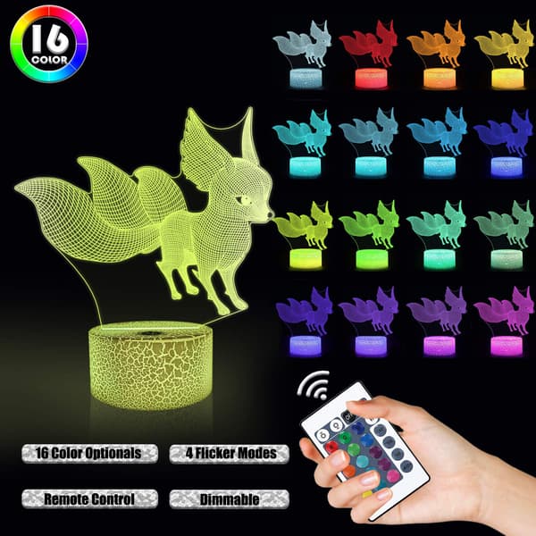 Fox 3D Lampe Natlys 3D Illusionslampe til Børn, 16 Farver
