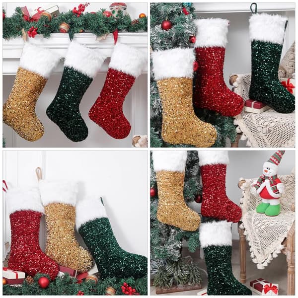 3-pack traditionella julstrumpor, paljetthängande prydnader för öppen spis, trappa, julgran, heminredning