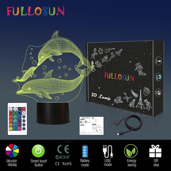 Delfin Gaver, 3D Illusionslampe, Delfin Natlampe til Seng