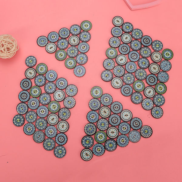 100 st 25 mm blå tryckta runda dekorativa träknappar för kläder DIY