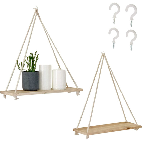 Riippuvat hyllyt seinälle kelluvat hyllyt, Macrame-köysi kolmiohylly, luonnonvaloinen kierrätetty puu, Boho-asuntolan olohuoneen makuuhuoneen sisustus 2 pcs
