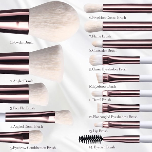 Resesminkborste Set Foundation Puder Concealers Ögonskuggor Makeup Set med LED-ljus Spegel 14 st White