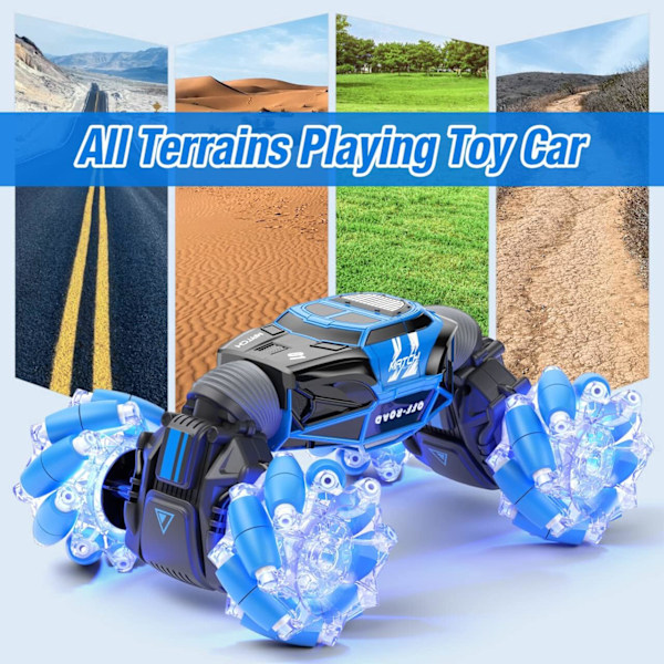 LED-fjärrkontrollbil, 4WD 2,4 GHz geststyrning Rc Stuntbil, dubbelsidig 360° roterande transformer terrängbil med ljus, leksaksbilar för pojkar och flickor Blue