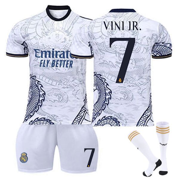 23-24 Real Madrid Dragon White Special Edition Fodboldtrøjer Børns fodboldsæt No.7 Vini 16