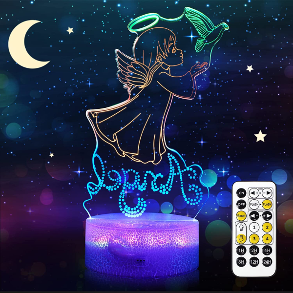 Angel 3D Nattlampa, Dynamiska RGB-färger som byter 3D-illusionlampa med smart touch och fjärrkontroll