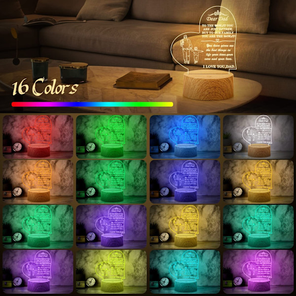 Gave til far fra datter søn, fars fødselsdagsgave RGB akryl natlampe med imiteret træbase, gave til Thanksgiving, jul, fars dag, Rem