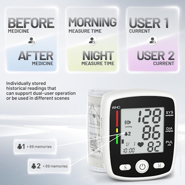 Blodtrycksmätare Digital BP-mätare Uppladdningsbar BP-maskin med 2x99 avläsningar Minne Stor LCD-skärm Röstutsändning Bärbar väska Black