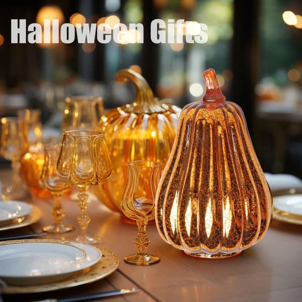 Græskar LED-lys i guld krakeleret glas med timer – Indendørs/Udendørs efterårs- og Halloween-fest midtpunkt Pumpkin Shape