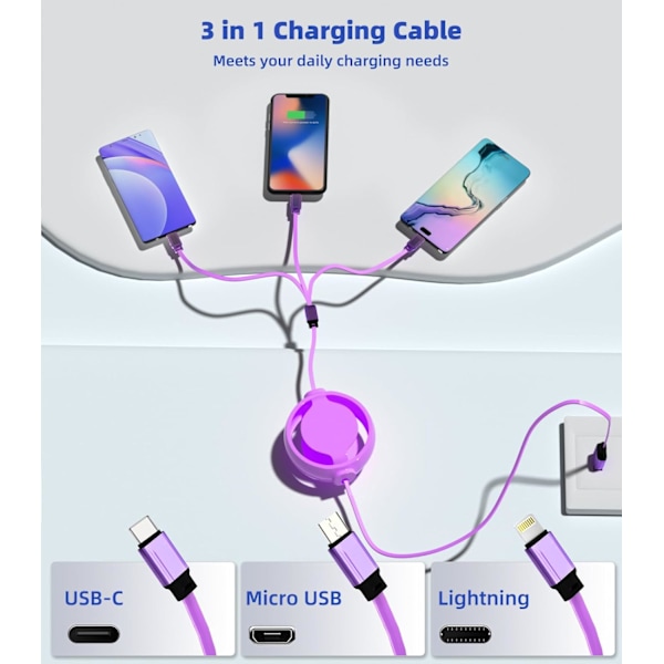 3-i-1 Retraktil Laddningskabel [3A, 1m] Multi USB-kabel Snabbladdare för Telefon, Samsung, iPad, Surfplattor, Switch och Mer Purple