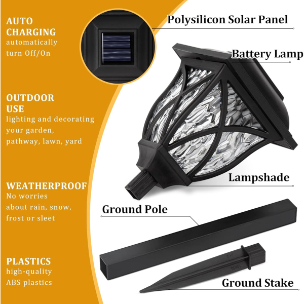 Solcellelamper utendørs vanntett, 6-pak LED solcellelamper for hage, solcellelamper for utendørs, hage, uteplass, landskap, gangvei (varm hvit) Black6