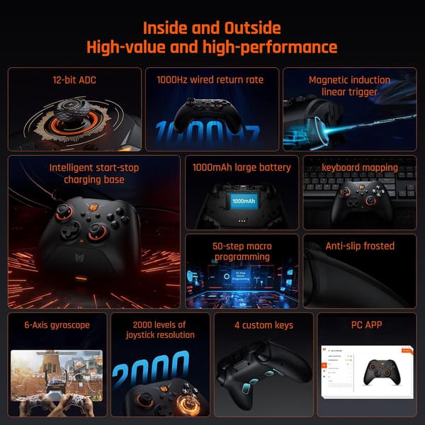 PC-controllere, BIGBIG WON Gale trådløse controllere, bevægelsessigte, Hall-aftrækker, 4 brugerdefinerede knapper, PC-app-spilcontrollere til Switch/PC/iOS/Android Black