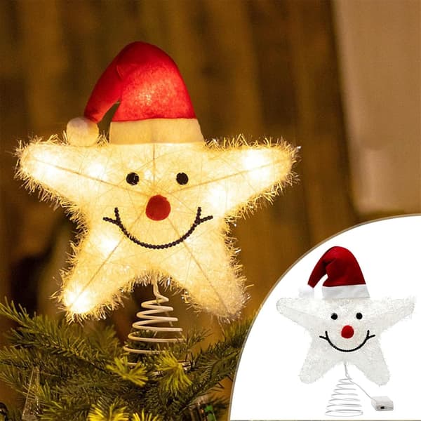 LED Lysende Smilende Ansigt Stjerne Juletræstop - Festlig Hat Design, Skinnende Julepynt til Julehjemindretning