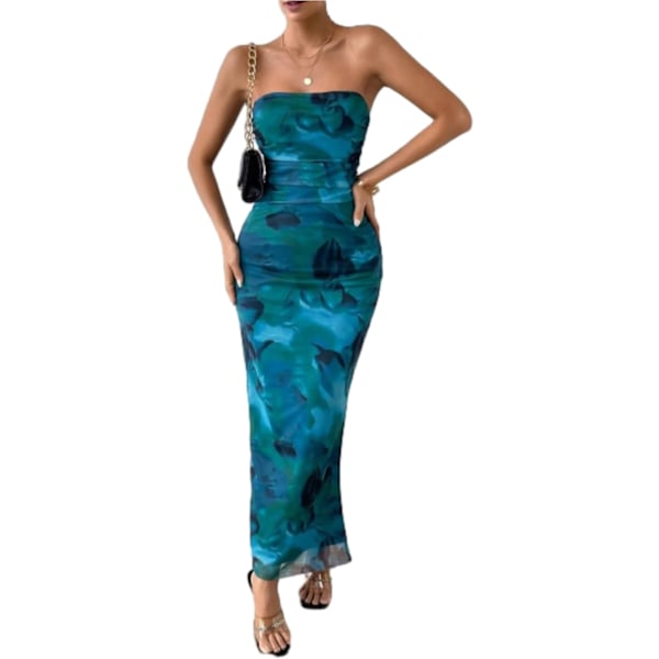 Sommerkjole til kvinder med print, stropløs tube top kjole, bodycon maxikjole med sideslids og lag af mesh M