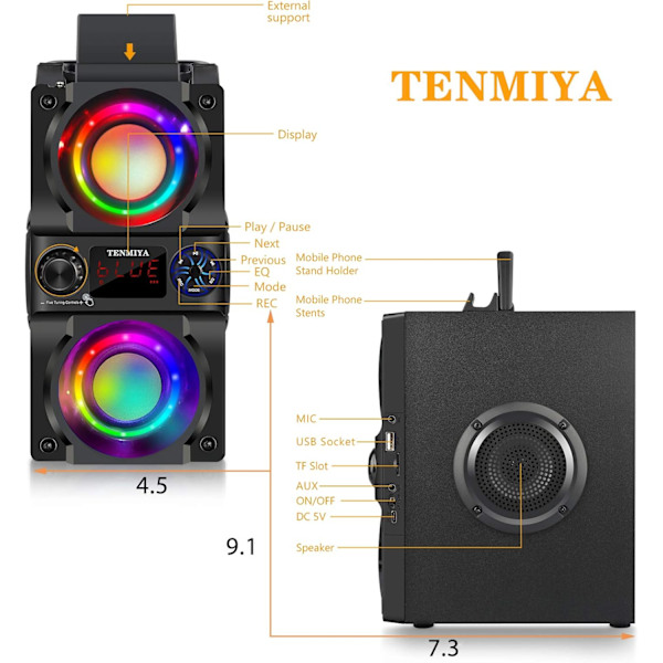 Bluetooth-kaiutin, 40 W (60 W huippu) kannettava langaton kaiutin värikkäillä valoilla, kaksoissubwoofer, järeä basso, FM-radio, MP3-soitin,