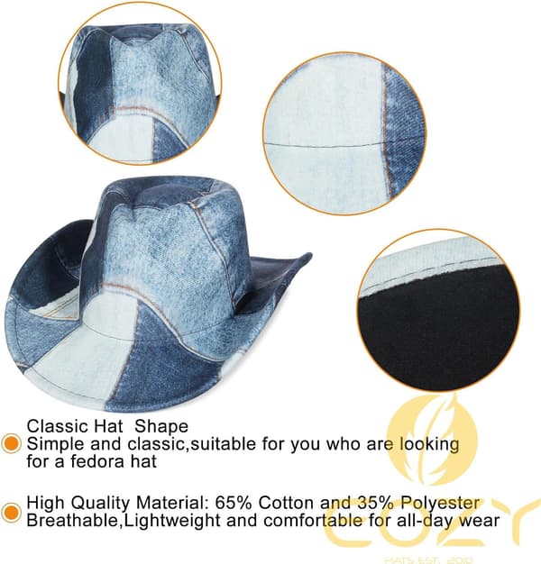 Tie Dye Denim Patchwork Western Cowboyhat - Bred Skygge Stil til Mænd og Kvinder, Ideel til Kostumefester