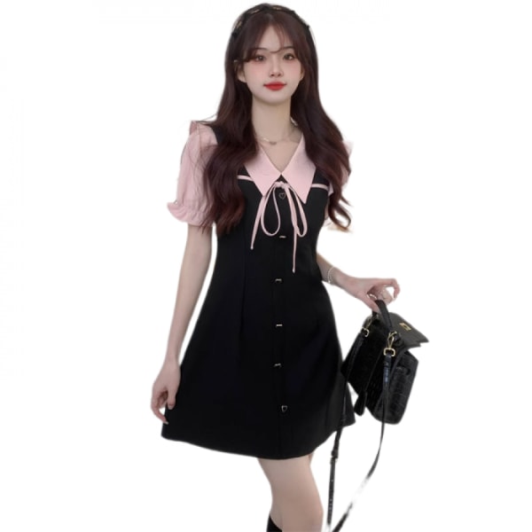 Sleeve Square Neck Retro Solid Color Belt Buckle Dress M