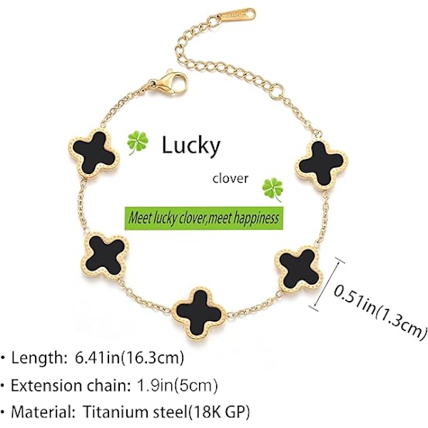 18K Forgylt Kløver Lykke Armbånd for Kvinner Hvit/Svart/Rød/Grønn Armbånd Søte Armbånd Smykker Gaver Trendy for Kvinner Black