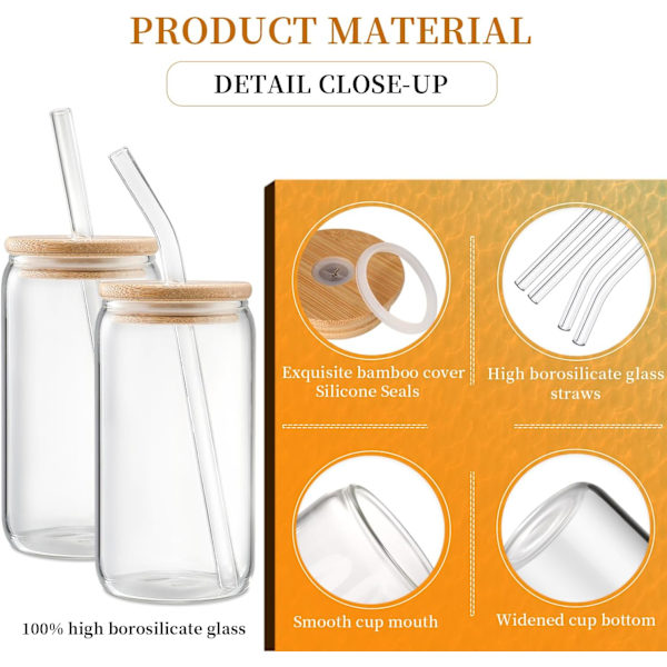16 oz glasskopper (omtrent 453,6 gram), 4 glasskopper med lokk og sugerør - kaffekopp, drikkekopp, gave 2 rengjøringsbørster