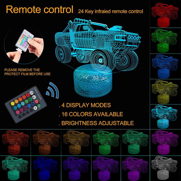 3D Illusjon Monster Truck Lampe Optisk LED Bil Nattlys 7