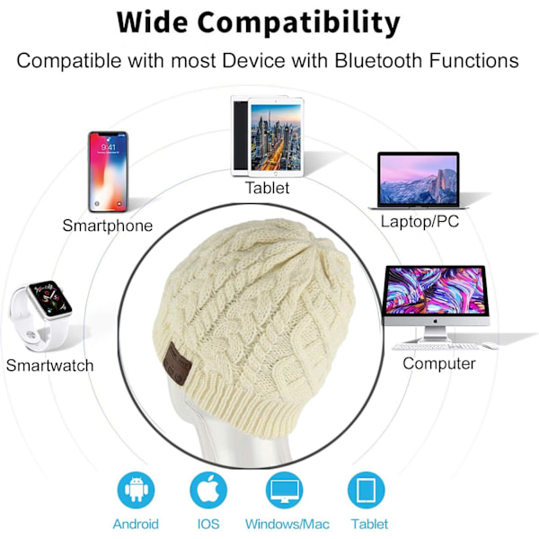 Trådløs Musik Hat Beanie Trådløse Hovedtelefoner Audio Drenge Piger Vinterhue med Højttaler Mic Håndfri Udendørs Sport Stereo Øretelefon Varmt White