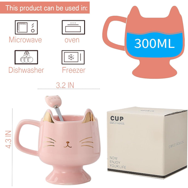 Sød Kattekrus til Katteelskere - Keramisk Kaffekrus med Ske, Perfekt til Katteglade Piger og Valentinsdags Krus Gaver Pink