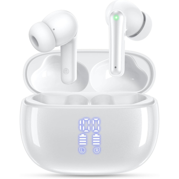 Langattomat nappikuulokkeet Bluetooth-kuulokkeet, 40 tunnin toistoaika Stereo IPX5 vedenpitävät nappikuulokkeet, LED-virranäyttö Langattomat nappikuulokkeet mikrofonilla White